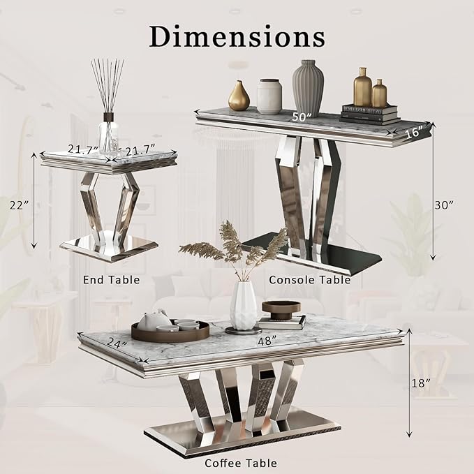 4-Piece Coffee Table Set, Gray and Silver Living Room Tables with 4 Geometric Bases, 1 Coffee Table + 2 End Table + 1 Console Table for Home Office