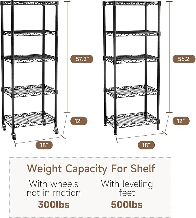 Small 5 Tier Shelves Storage Wire Shelving Unit Metal Shelf Adjustable Organizers Storage Shelving with Wheels for Bathroom Laundry Room Kitchen Pantry12”D x 18”W x 57.2”H Black