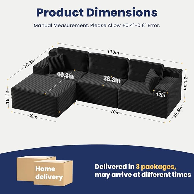 Bashaw 108" Cloud Sectional Couch Sofa with L-Shape Chaise, Modern Modular Sofa Couch Upholstered Couches for Living Room Bedroom, No Assembly Required (Black, L Shape)