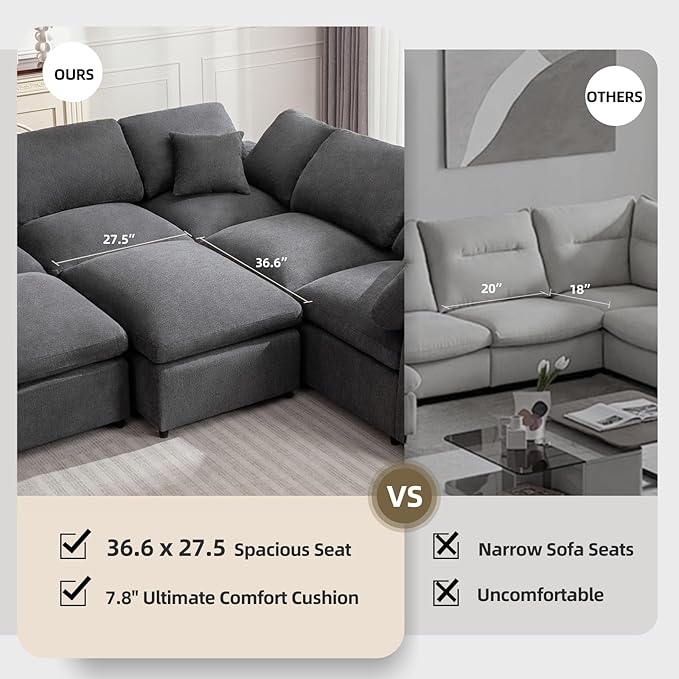 Modular Sectional Sofa Modern Oversized Cloud Couch with Movable Ottoman 7 Seater L-Shaped Sofas Comfy Couches for Living Room Spacious Space Office Lounge, Dark Grey