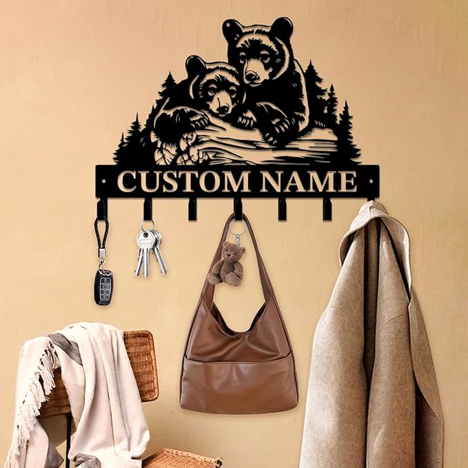 Personalized Custom Name Bear Key Wall Hooks,Metal Bear Keys Clothes Hooks,Metal Bear Wall Home Storage Decorative,For Front Door, Hallway, Kitchen, Bedroom,Keys,Hats (Style K)