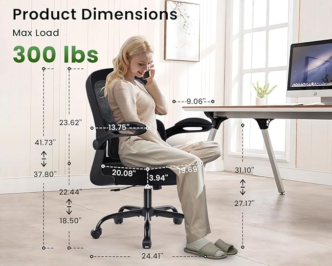 Ergonomic Office Chair, Comfy Desk Chair with Adjustable Lumbar Support, Mesh Computer Chair with Wheels, Flip-up Armrests, Swivel Rolling Executive Chair for Home Office, Gaming, Black