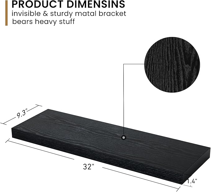 Fun Memories 32Inch Floating Shelves, 9.3Inch Deep Rustic Wall Shelves - Extra Deeper & Thicker Wall Mounted Storage Shelf for Kitchen, Farmhouse - Set of 2 - Rustic Black