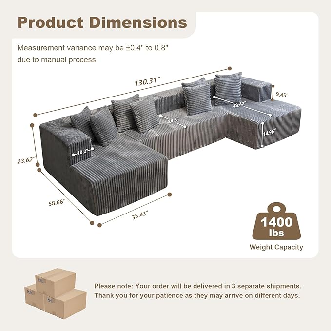 106'' Boneless Couches for Living Room, L Shaped Modular Sectional Sofa with Chaise Lounge, Faux Rabbit Fur & Layered Cushion Deep Seat Cloud Couch, No Assembly (Grey, 130 U Shaped)