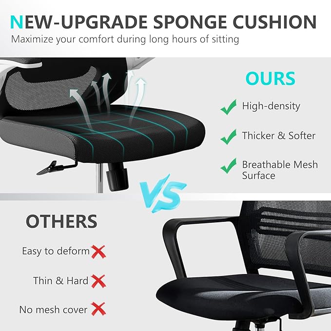 Office Chair,Ergonomic Comfy Home Desk Chair with 350LBS Capacity,High Back Gaming Chair with Wheels,Mesh Computer Chair,Lumbar Support, Adjustable Headrest,Flip-up Armrest (04Black)