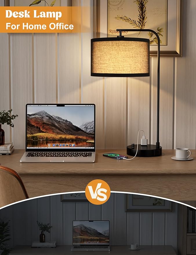 Innqoo Black Tall Table Lamp with USB Port and Outlet, Dimmable Nightstand Bedside Lamps with Linen Lampshade, Desk Lamp for Bedroom, Living Room, Guest Room, Home Office, LED Bulb Included