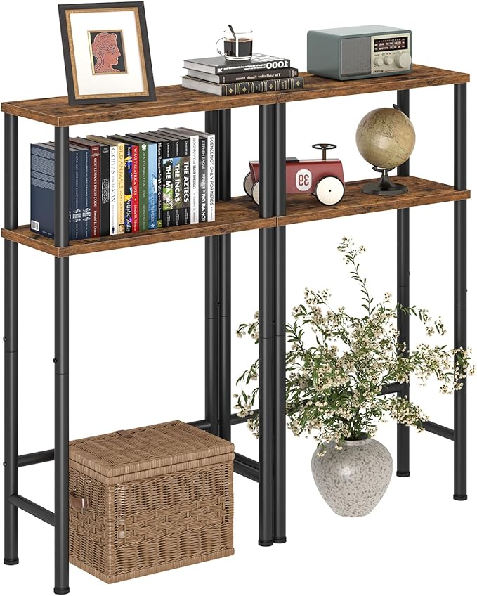 Narrow Console Table Set of 2, Small Entryway Table, 2-Tier Sofa Table with Storage, Skinny Console Tables for Entryway, Hallway, Bedroom, Living Room, Foyer, Rustic Brown