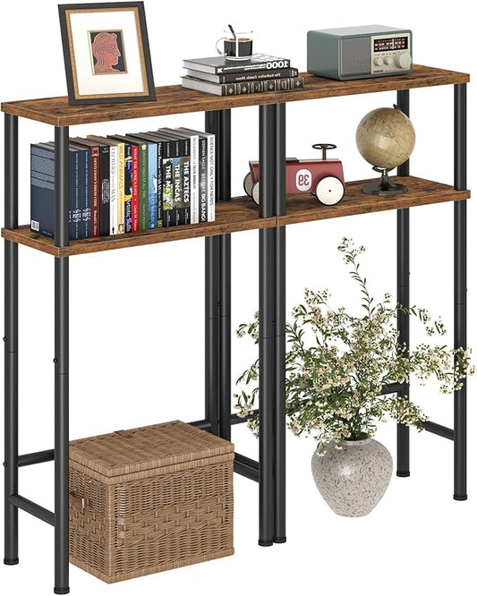 Narrow Console Table Set of 2, Small Entryway Table, 2-Tier Sofa Table with Storage, Skinny Console Tables for Entryway, Hallway, Bedroom, Living Room, Foyer, Rustic Brown