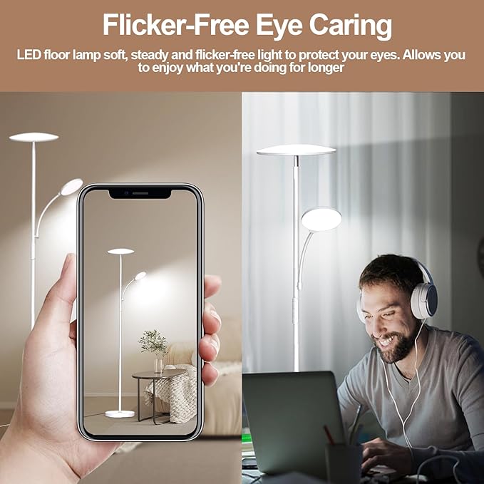 White Floor Lamps for Living Room, 44W/4500LM Super Bright 2 in 1 LED Floor Lamp with Remote, Stepless Dimmable, 69" Tall Standing Floor Lamp with Bendable Reading Light for Bedroom Office