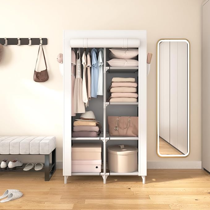 ROJASOP Portable Closet Wardrobe Closet for Hanging Clothes with 6 Storage Shelves, 1 Hanging Rod and 4 Pockets, Clothes Organizer and Storage Wardrobe Free Standing Closet for Bedroom, White
