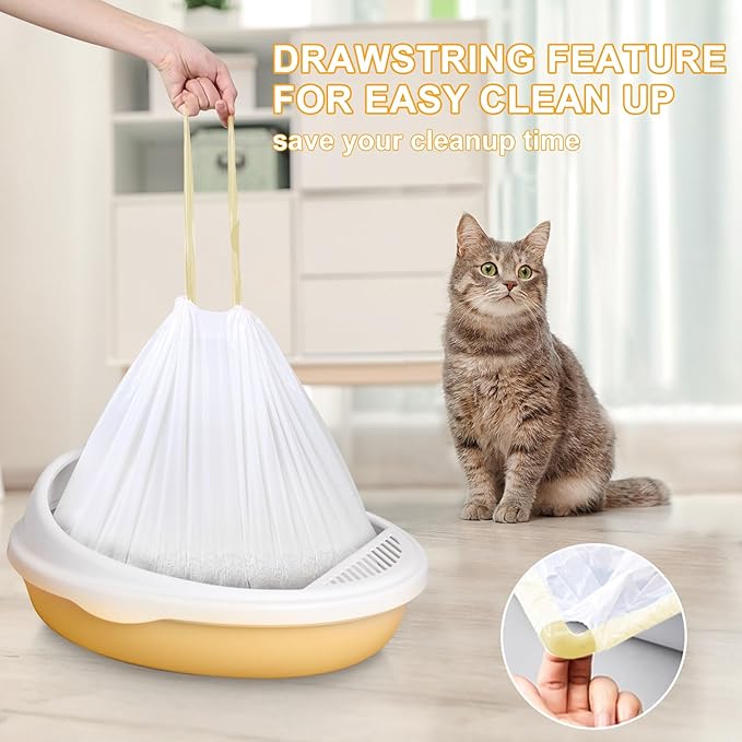 ELEGX 60 Count Litter Box Liners,HDPE Material 3MIL Extra Thick Heavy Duty 46" x 18" Jumbo Drawstring Cat String Liners,Compatible with Nature's Miracle/Petmate/Van Ness/IRIS,Tear & Leak Resistant
