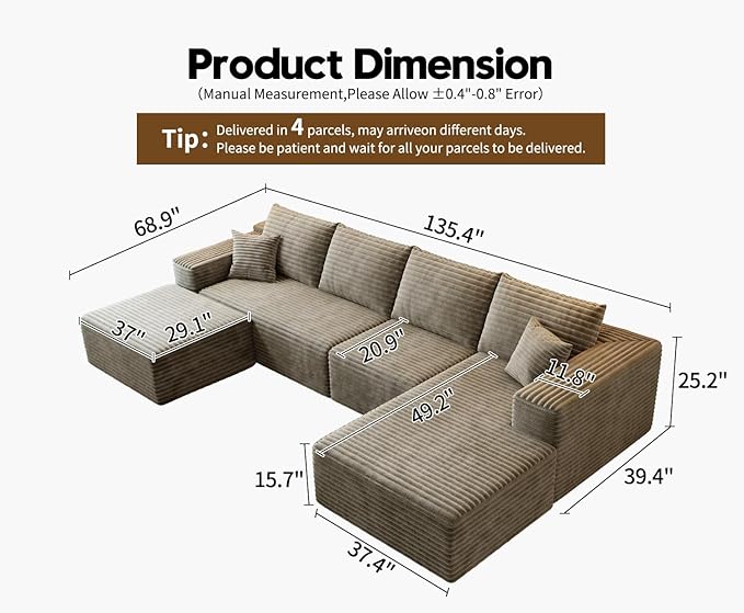 135.4" Cloud Modular Sectional Sofa with 1 Ottoman,Modern Minimalist Upholstered Couches, Comfort U Shaped Sofa for Living Room,Deep Seat Corner Couch，No Assembly Required (Camel,Right Facing Chaise)