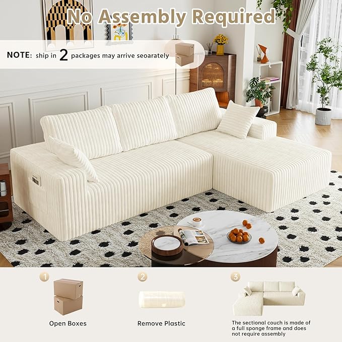 108" Sectional Couches for Living Room, Modular Sectional Sofa with L-Shape Chaise, Boneless Couch, Comfy Corduroy Fluffy Couch with Deep Seat and Side Pockets, No Assembly Required