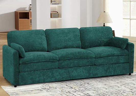 89" Chenille 3 Seats Sofa with 2 Pillows, Modern Upholstered Sofa with Deeper Seats, Comfy Sofa with Thickened Cushions for Living Room, Apartment, Teal
