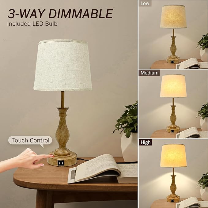 Farmhouse Table Lamp Touch Control 3-Way Dimmable Table Lamp, Modern Nightstand Lamp with 2 USB Port Bedside Desk Lamp with Fabric Shade for Living Room (Pack 1-Beige Shade & Touch)