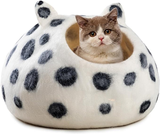 Wool Cat Cave Bed - Extra Warm, Handcrafted, Eco-Friendly Felt Cat Cave for Indoor Cats and Kittens (White Polka) by Woolygon