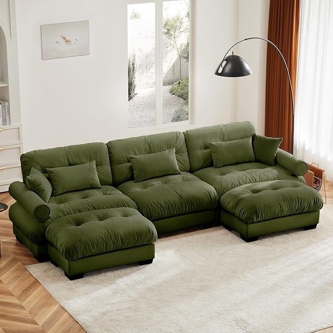 130"Oversized Couch, 3 Seater Modular Sectional Sofa, Olive Green Large U Shaped Sectional Couches for Living Room, Fluffy Couch Set, 3 Seater, Velvet Cloud Couches with Ottoman, Sofas for Living Room