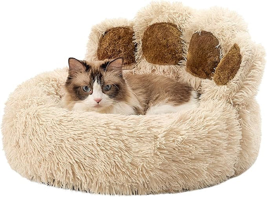 Jiupety Paw Shape Calming Pet Bed, Plush Faux Fur Donut Bed for Dogs & Cats, Machine Washable, Non-Slip Bottom, Medium (22"×22"×6"), Camel