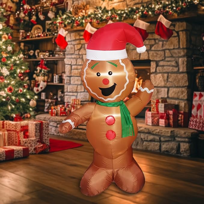 Mimi Funn 6FT Christmas Inflatable Gingerbread Man, Cute Christmas Blow Up Yard Decorations with Build-in LEDs for The Yard, Lawn, Garden