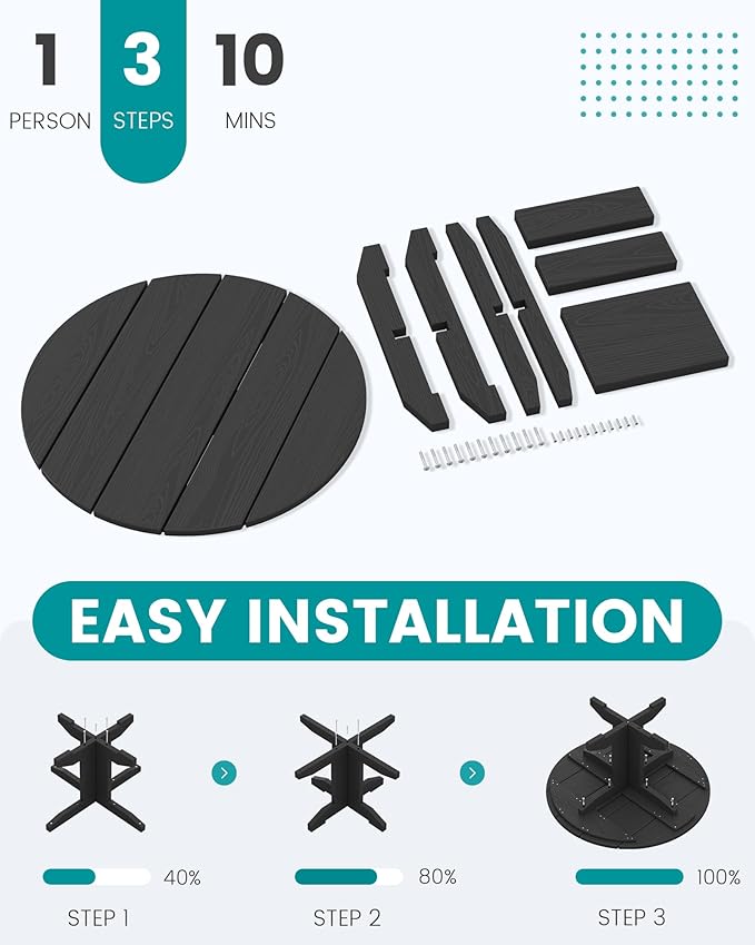 SERWALL 36'' Round Outdoor Coffee Table - HDPE Weatherproof Patio Table for Balcony, Garden, Backyard (Black)