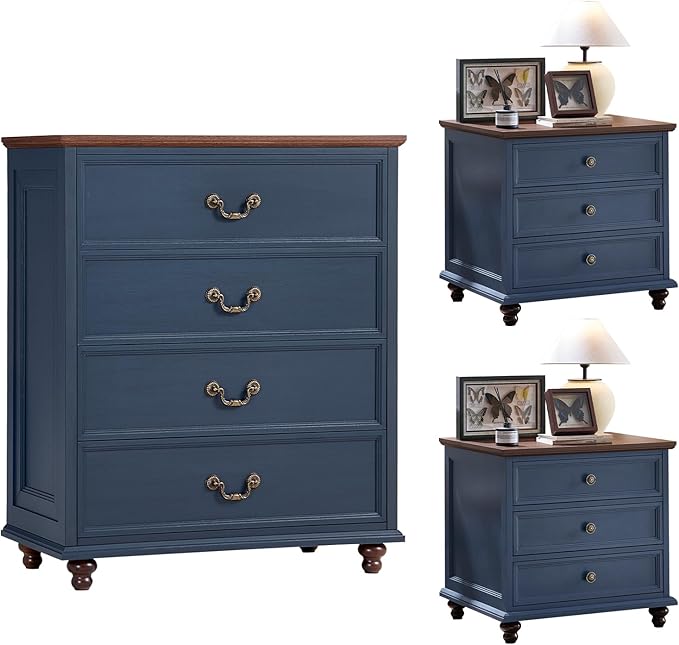 24" Wide Farmhouse Nightstand Set of 2, 54" 7 Drawers Dresser, 37" Tall Rustic Chests of Drawers, Farmhouse Furniture Series for Bedroom,DarkBlue
