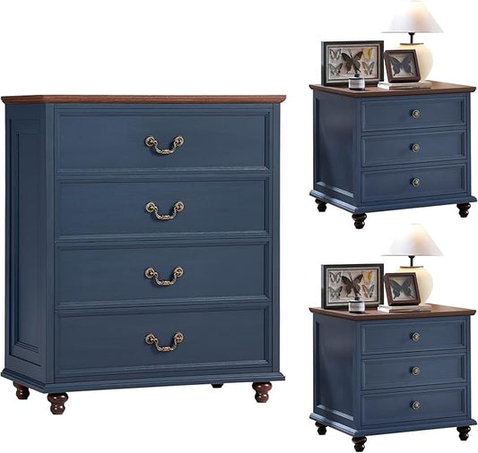 24" Wide Farmhouse Nightstand Set of 2, 54" 7 Drawers Dresser, 37" Tall Rustic Chests of Drawers, Farmhouse Furniture Series for Bedroom,DarkBlue
