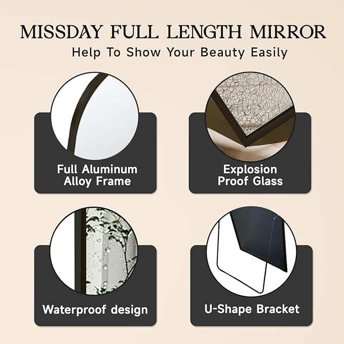 MISSDAY 64"x21" Arched Full Length Mirror, Black Full Body Mirror with Stand, Floor Mirror Long Free Standing, Leaning or Hanging, Aluminum Thin Frame Wall-Mounted Mirrors Wall Mirrors for Bedroom