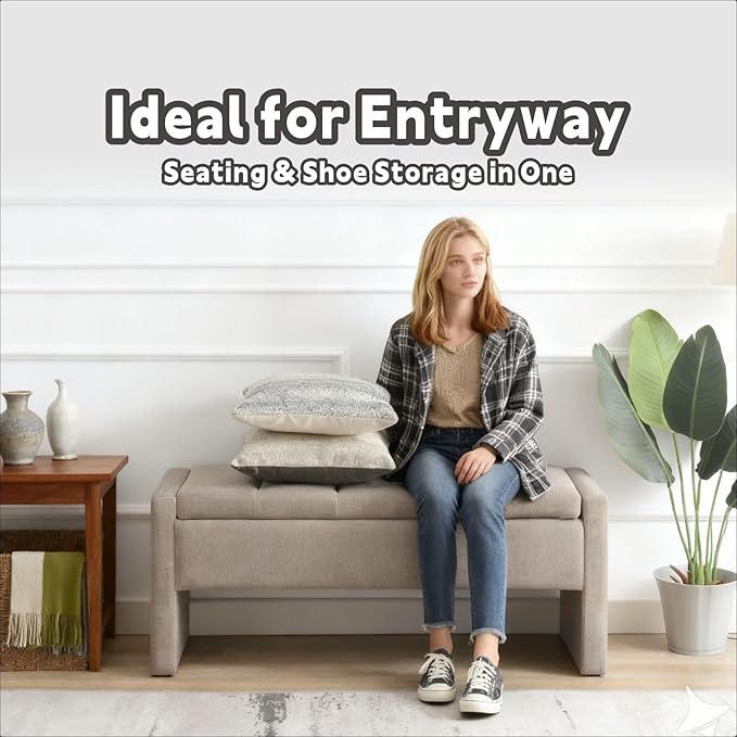 47.25'' Ottoman with Storage, End of Bed Storage Bench, Entryway Bench - Linen Upholstered Multi-Functional Footrest for Bedroom, Living Room, Dorm & Window Bench (Linen Grey Brown)