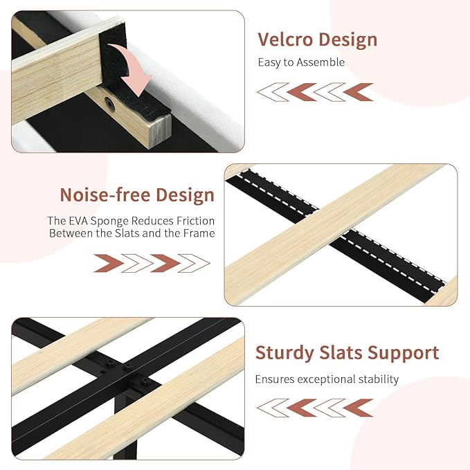 Full Size Bed Frame with Headboard, Velvet Upholstered Bed Frame with LED Lights, Full Size Platform Bed with Wooden Slats Support, No Box Spring Needed, No Noise, Beige