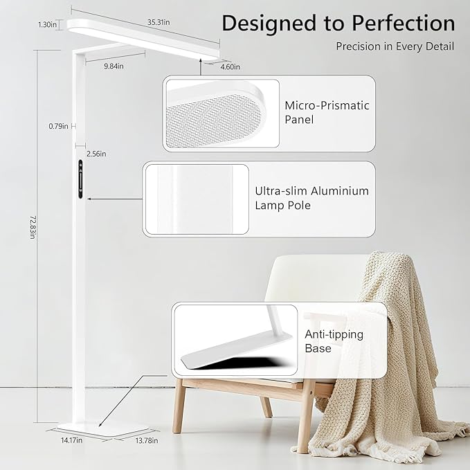 73" LED Floor Lamp, Full Spectrum Eye-Care Reading Floor Lamps, 60W Dimmable Standing Light,4300LM Natural Bright Floor lamp for Living Room, Bedroom, Office, Study Room, Ra97, 4000K
