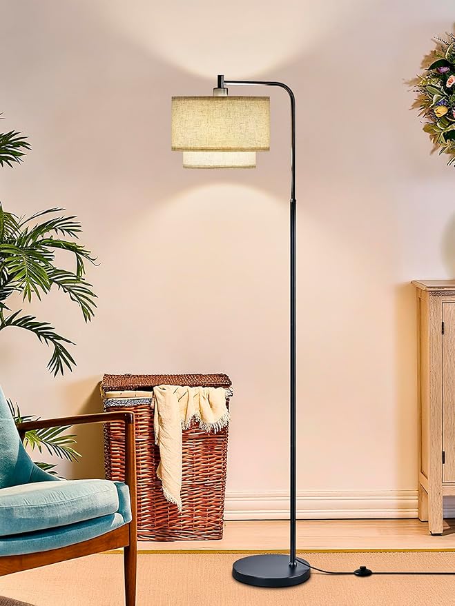 64" Modern Floor Lamp for Living Room Bedroom, Arc Floor Lamp with 3 Color Temperatures, Standing Lamp with Double Oatmeal Linen Lampshade, Tall Lamp with A19 12W LED Bulb, Foot Switch Control, Black
