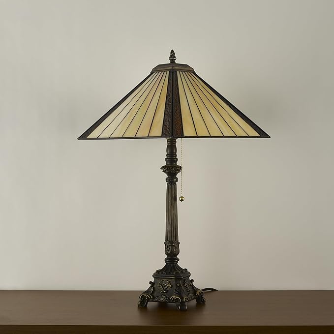 Tiffany Table Lamps Yellow Brown Stained Glass Striped Checkered Style Mission Desk Lamp 12X12X24 Inch Bronze Resin Base