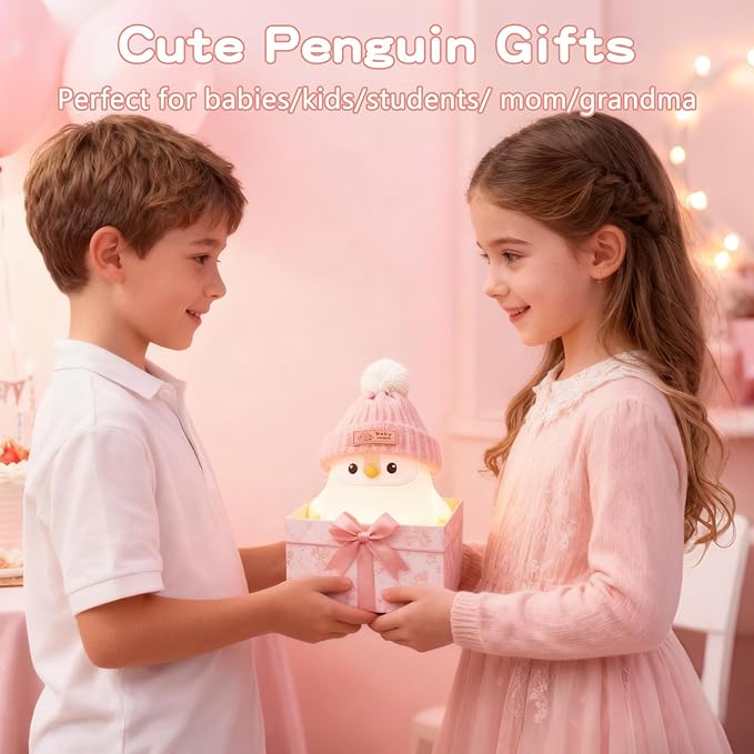 Penguin Silicone Night Light, Cute Pink Penguin Lamp with Hat, Nursery Nightlight for Baby , Rechargeable/Dimmable,LED Squishy Novelty Animal Bedside Touch Lamp,Funny Christmas Gifts for Kids/Girls