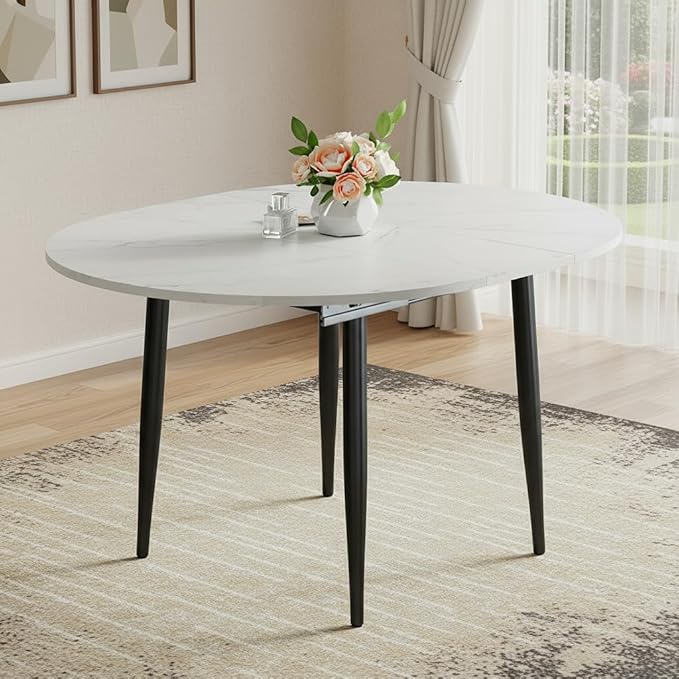 42"-54" Round to Oval Extendable Dining Room Table, White Faux Marble & Wood Grain Top with Black Metal Legs, Modern Round Dining Table for 4–6, Space-Saving Kitchen Table, Easy Assembly