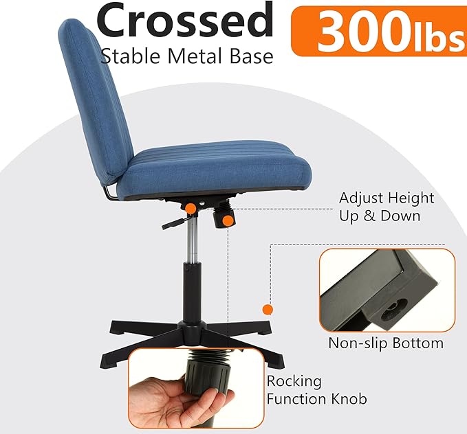 FDW Criss Cross Chair Armless Cross Legged Office Desk Chair Adjustable Swivel Ergonomic Gaming Chair No Wheels Backrest with Wide Seat Native Sponge Computer Task Vanity Chair for Home Office,Blue