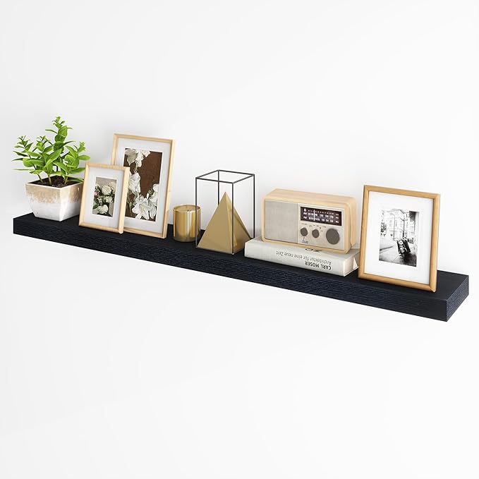 Fun Memories 55 Inch Fireplace Mantel Shelf -Long Floating Shelf, Wall Mounted Farmhouse Display Shelf with Invisible Heavy Duty Metal Bracket, Black