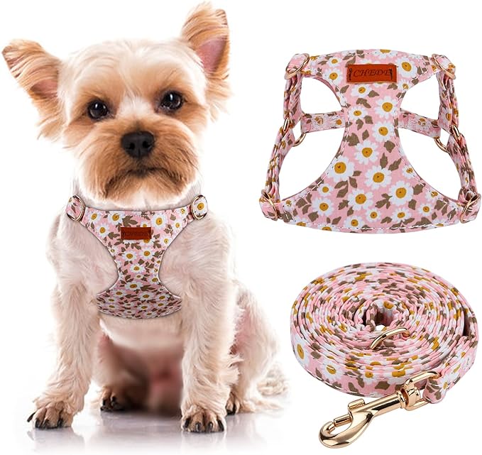 CHEDE No Pull Floral Pattern Dog Harness- Lightweight, Soft, Adjustable Small Harness and Leash Set, Suitable for Puppy Small and Medium-Sized Dog (XXS, Pink Daisy)