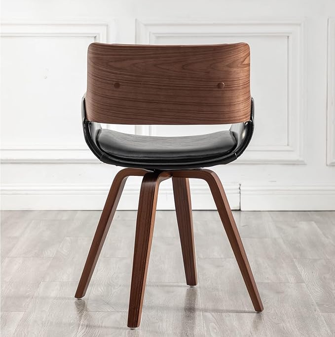 LUNLING Swivel Accent Faux Leather Dining Chairs, Mid Century Modern Chairs with Wooden Legs/Armrest/Upholstered Seat/Adjustable Foots for Kitchen Dining Room Desk Chairs,Black,1PCS