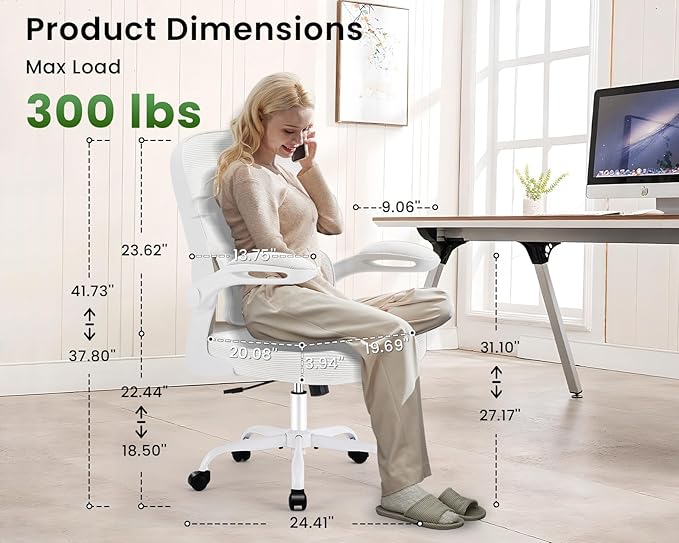 Ergonomic Office Chair, Comfy Desk Chair with Adjustable Lumbar Support, Mesh Computer Chair with Wheels, Flip-up Armrests, Swivel Rolling Executive Chair for Home Office, Gaming, White