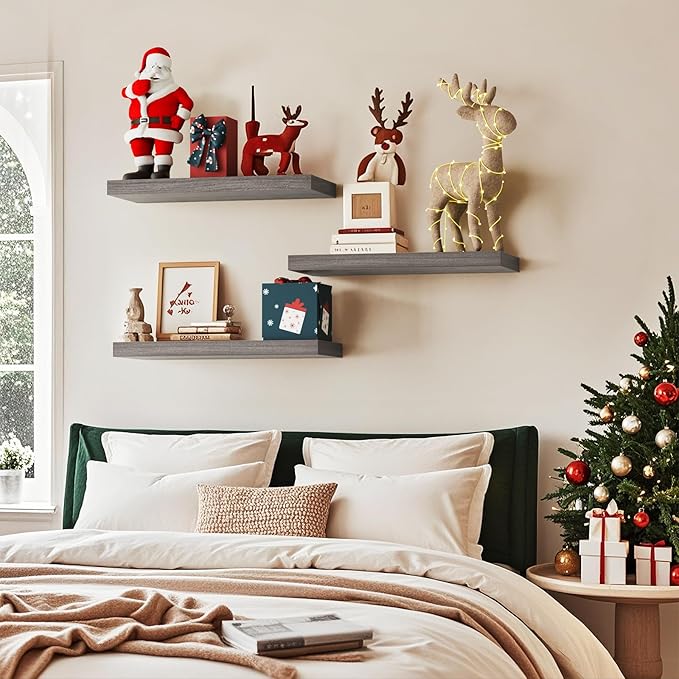 BAYKA Grey Floating Shelves for Wall, 22.5 inches Wall Mounted Rustic Wood Shelves for Bathroom, Bedroom, Living Room, Floating Shelves for Books/Storage/Decor (Set of 3)