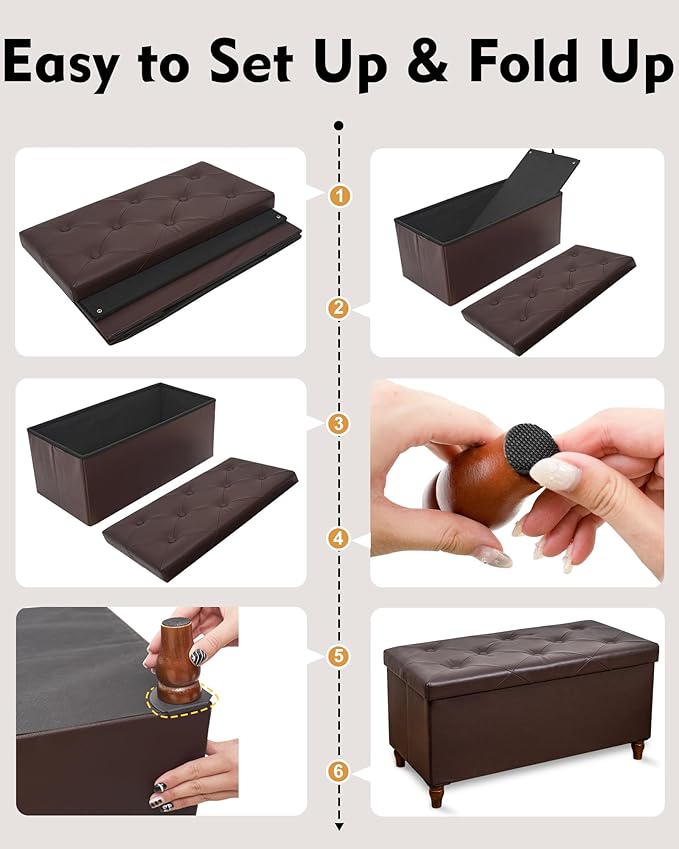 GLAXYFUR 30 Inches Storage Ottoman Bench with Wooden Legs, Faux Leather Folding Ottoman Foot Rest, Storage Bench for Living Room, Hallway & Bedroom, Upgrade Large Capacity (Engineered Wood, Brown)