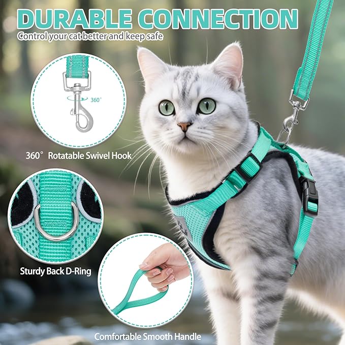 PUPTECK Cat Harness and Leash Set Escape Proof Reflective Cat Walking Harness Adjustable Soft Breathable Mesh Vest for Small Pets, Aquamarine, S