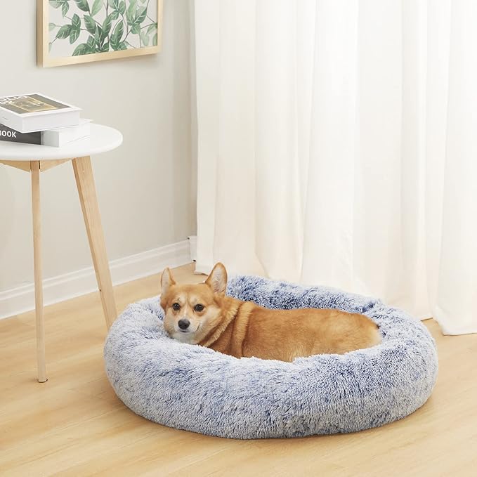 Bedfolks Calming Donut Dog Bed, 30 Inches Round Fluffy Dog Beds for Medium Dogs, Anti-Anxiety Plush Dog Bed, Machine Washable Pet Bed (Navy Blue, Medium)
