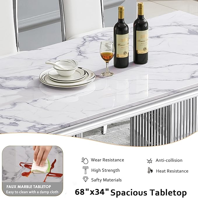 68" Faux Marble Dining Table Set for 6, 7-Piece Dining Set with White Silver Kitchen Table and 6 Velvet Tufted Chairs, Modern Rectangular Dining Room Tables with Column-Shape Stainless Steel Base