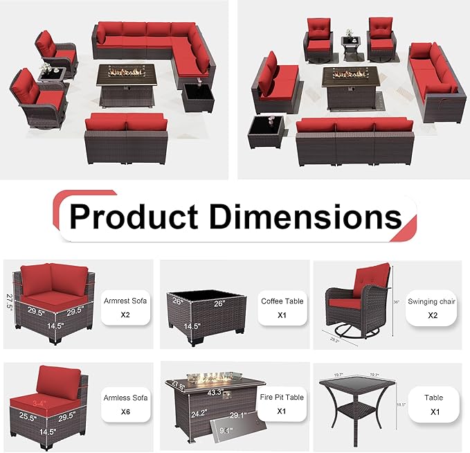 Kurapika 13 Pieces Patio Furniture Set, Rattan Wicker Outdoor Conversation Sets w/43in Propane Fire Pit Table, Swivel Rocking Chairs Patio Sectional Sofa w/4 Inch Cushion, Red