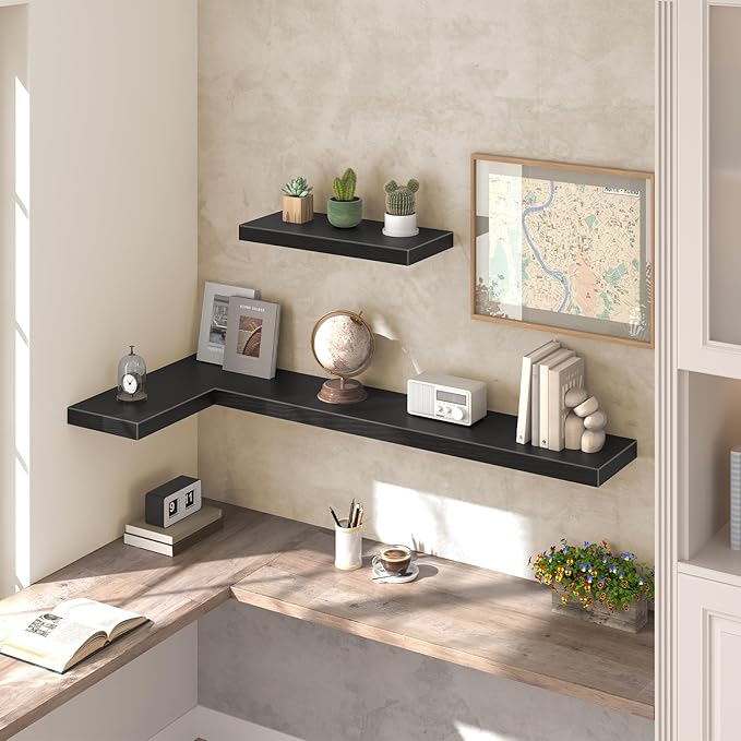 HOOBRO Floating Shelves for Wall, Wall Mounted Shelf Set of 2, 55" Hanging Shelf with Invisible Brackets, for Wall in Bathroom, Bedroom, Toilet, Kitchen, Living Room, Office, Black Bk140BJP201