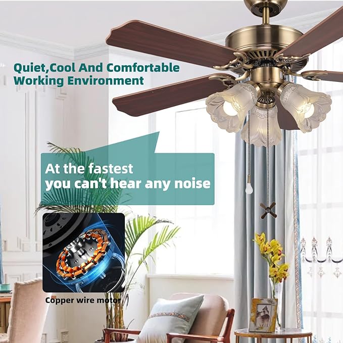 42 Inch Indoor Ceiling Fan with Pull-Chain and Three LED Light Bulbs Base, Traditional 3-Speeds Reversible Blades Ceiling Fan (Antique)