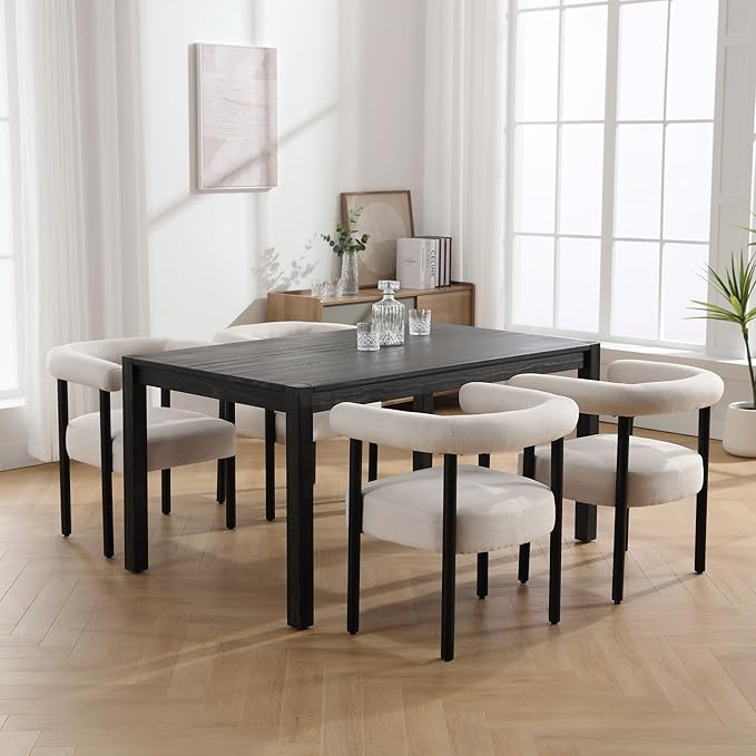 Mid-Century Modern Dining Chairs Set of 4, Armrest Barrel Dining Chairs Side Accent Chairs with Curved Back, Upholstered Wood Armchairs for Kitchen, Linen Beige