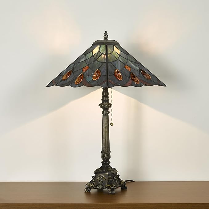 Tiffany Table Lamps Sea Blue Stained Glass Crystal Style Mission Desk Lamp 12X12X24 Inch Bronze Resin Base