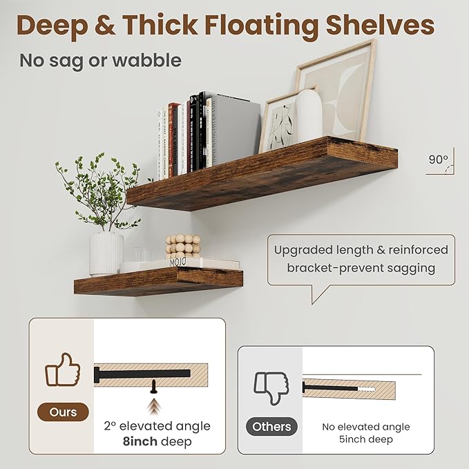 48 Inch Floating Shelves for Wall, 8 Inch Deep Floating Shelf for Storage & Display, Wall Mounted Shelf with Invisible Brackets for Living Room, Kitchen, Bathroom, Home Decor, Set of 2, Rustic Brown